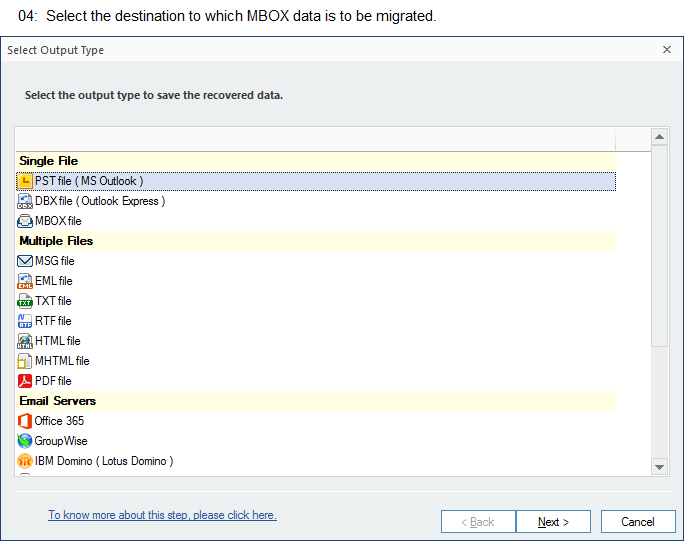 Select the destination to which MBOX data is to be migrated