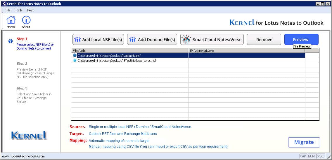 Select and view the Preview of the added NSF file