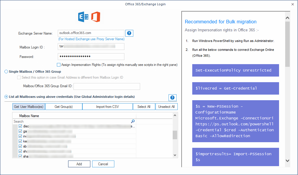 Adding multiple mailboxes of Office 365 accounts to the tool’s interface.