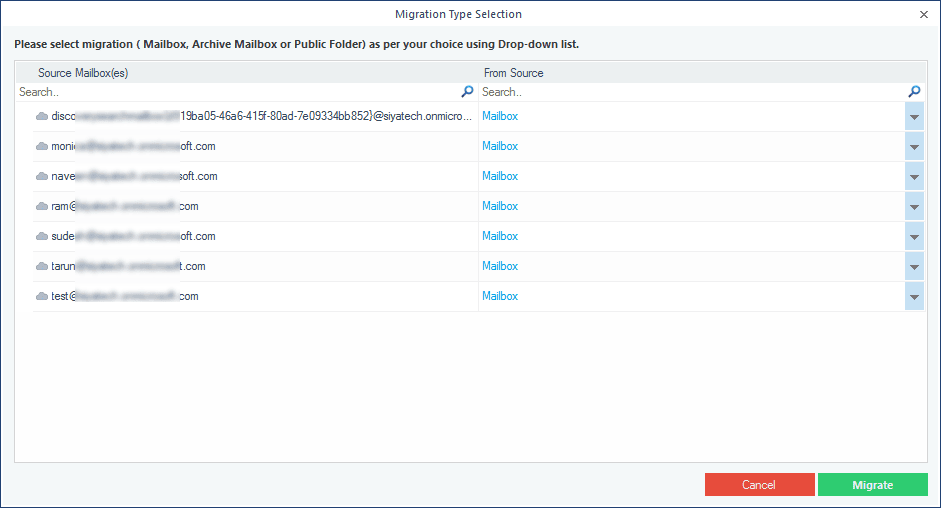 Selecting the data type before proceeding to backup the mailboxes.