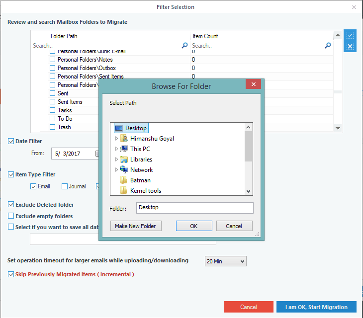 Selecting an ideal location for saving the exported mailboxes on your system.