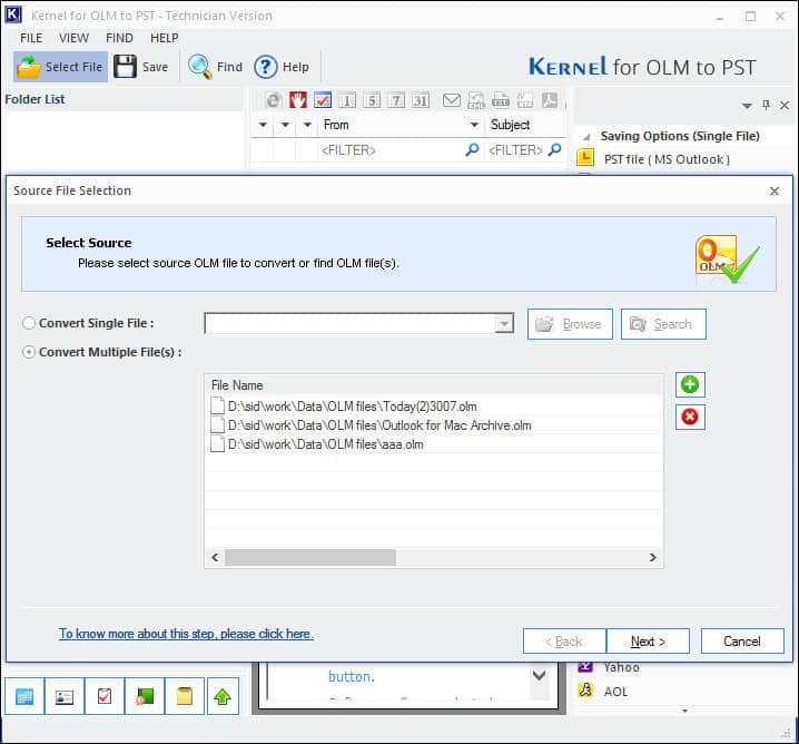 Select single/multiple OLM file(s) as per your convenience, for the conversion