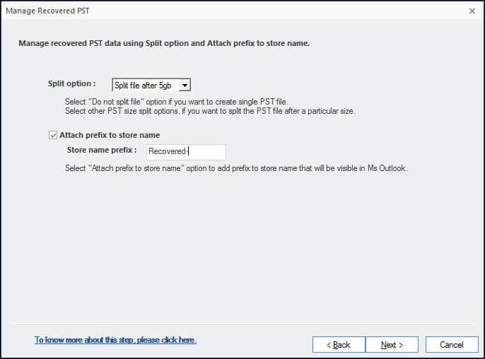 Manage your output file (PST) by defining split option, and attach prefix to store name