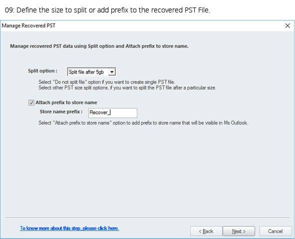 Define the size to split or add prefix to the recovered PST file
