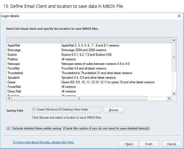 Define email client and loction to save data in MBOX file