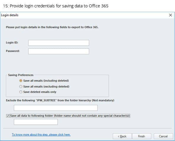 Provide login credentials for saving data to Office 365