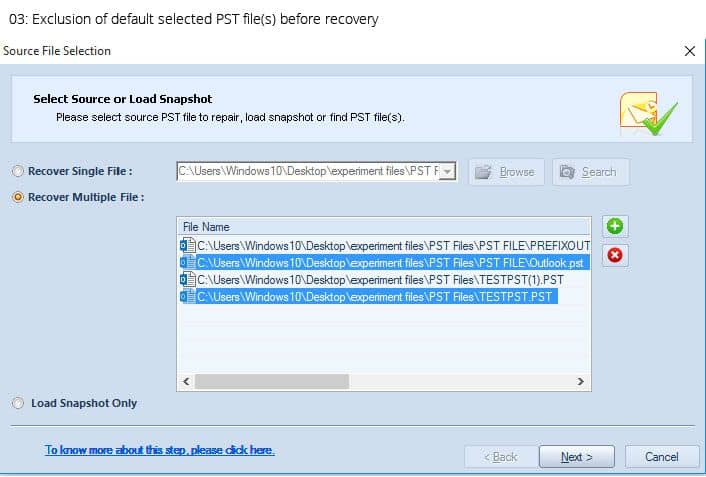 Exclusion of defalt selected PST file(s) before recovery