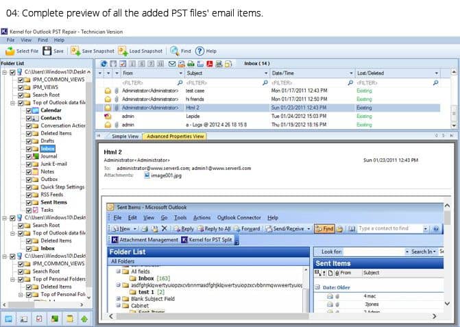 Complete preview of all the added PST files' email items