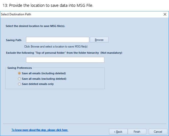 Provide the location to save data into MSG file