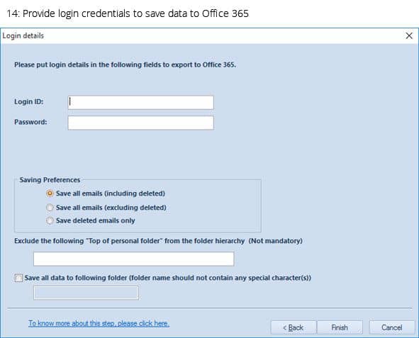 Provide login credentials to save data to Office 365