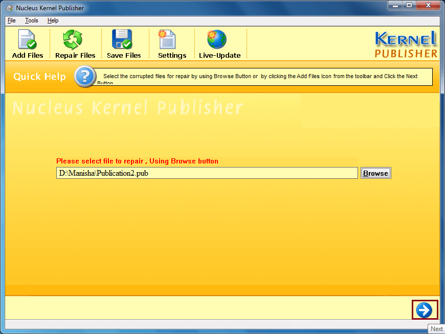 Starting the repair of corrupted Publisher file