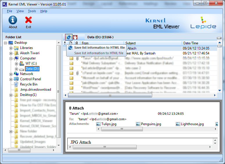 Saving EML email list with details to HTML file.