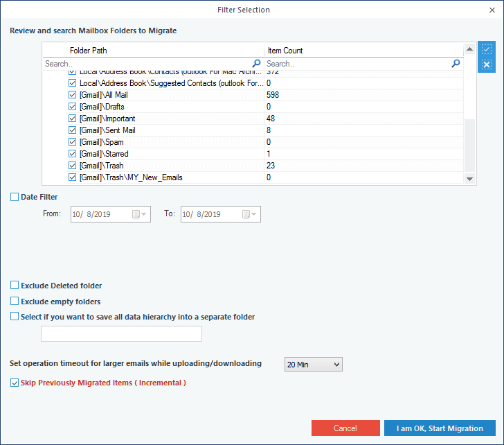 Applying filters to the IMAP mailbox for selective migration