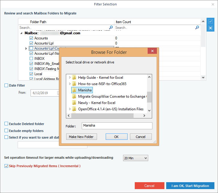 Selecting a location on the system to save the backup PST file