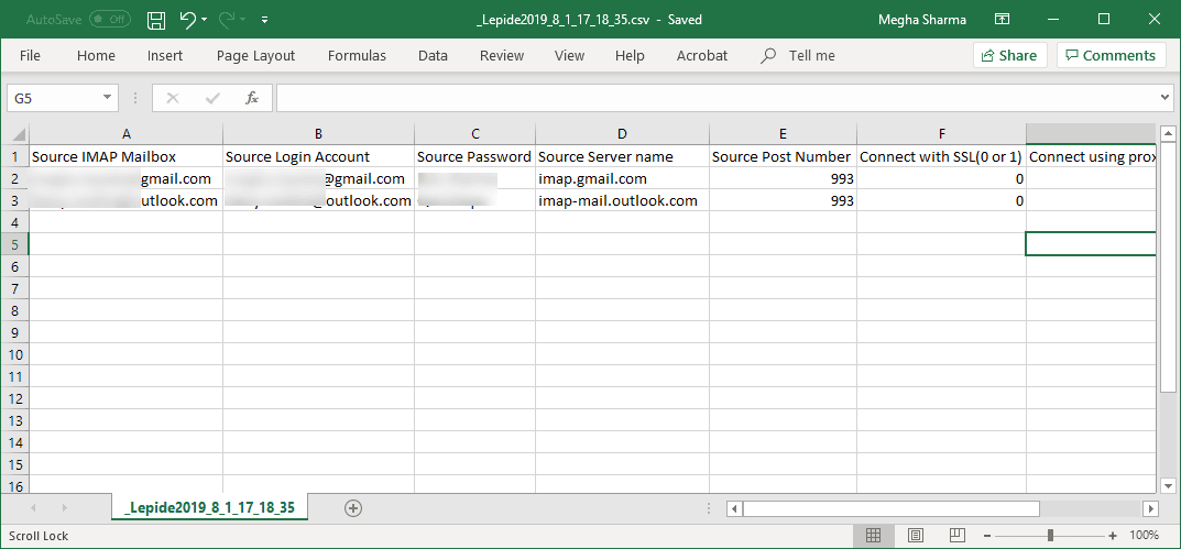 CSV file sample for multiple IMAP mailbox backup