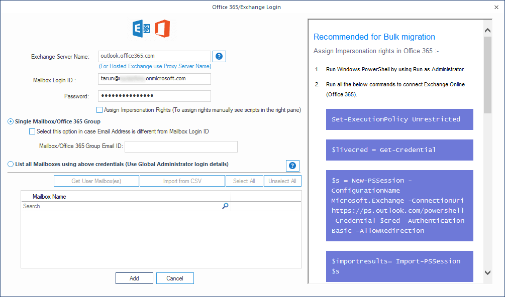 Adding Office 365 multiple mailboxes to migrate IMAP mailboxes