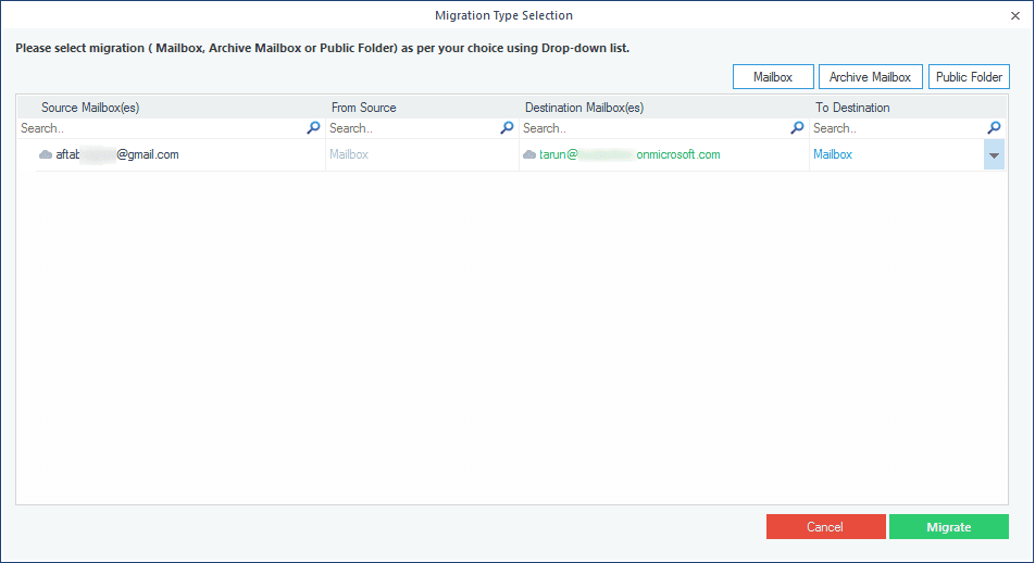 Selecting the type of mailbox for migration