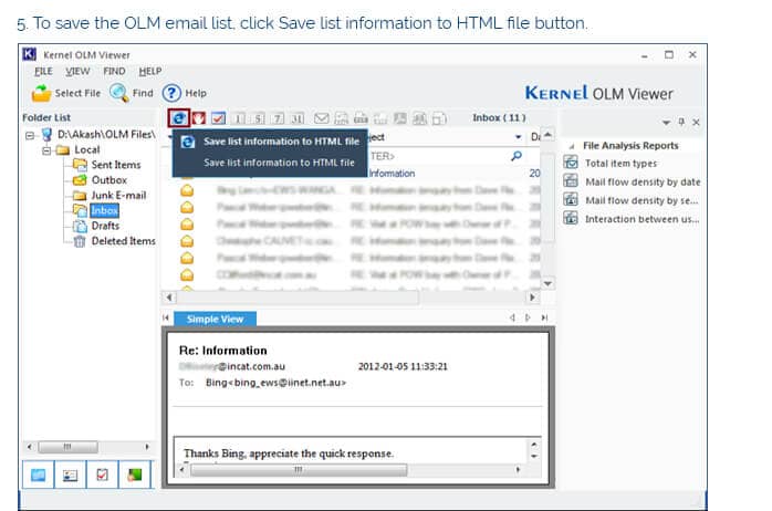 To save the OLM email list, click Save list information to HTML file button