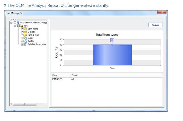 The OLM file analysis report will be generated instantly