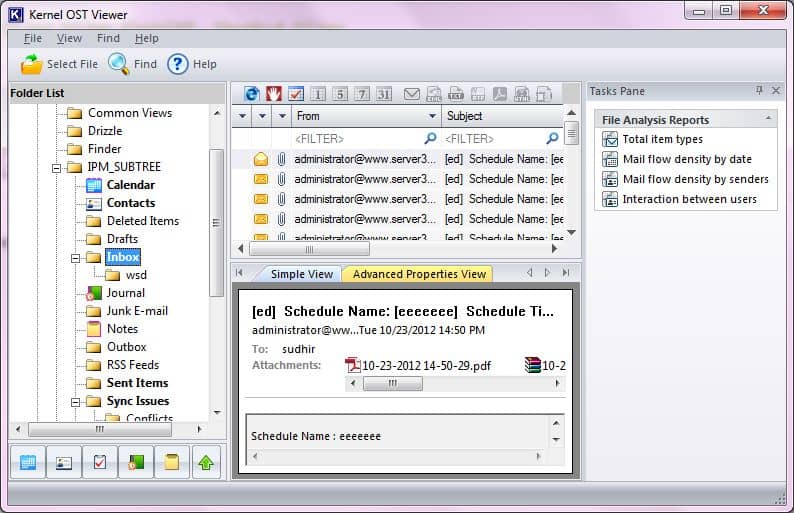 User can navigate through the folders listed in the left panel to view the content of the desired folders Inbox, Contacts, Calendar Items, Sent Items, and so on
