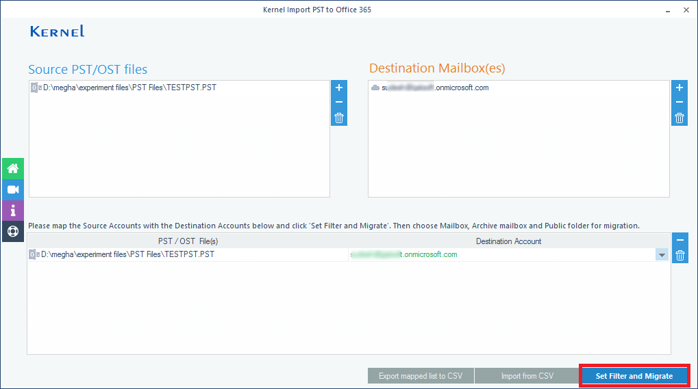 Map source PST file with the destination mailbox