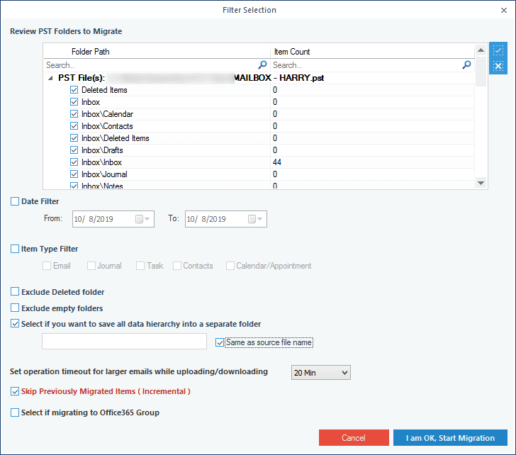 Set filters for importing PST items selectively