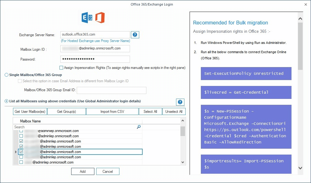 Add multiple mailboxes using an account with administrative privileges