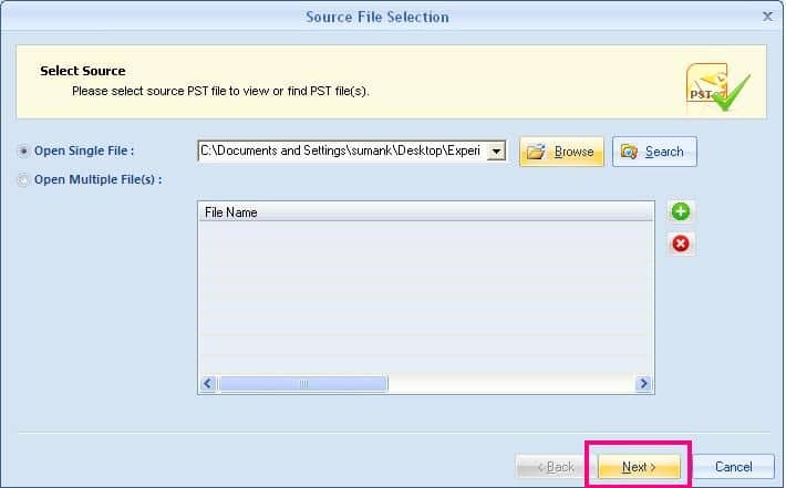 Select Outlook PST file