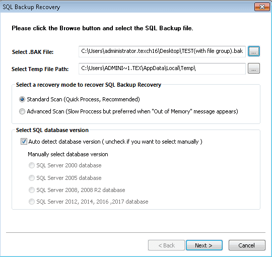 Choose scan modes and select SQL database version