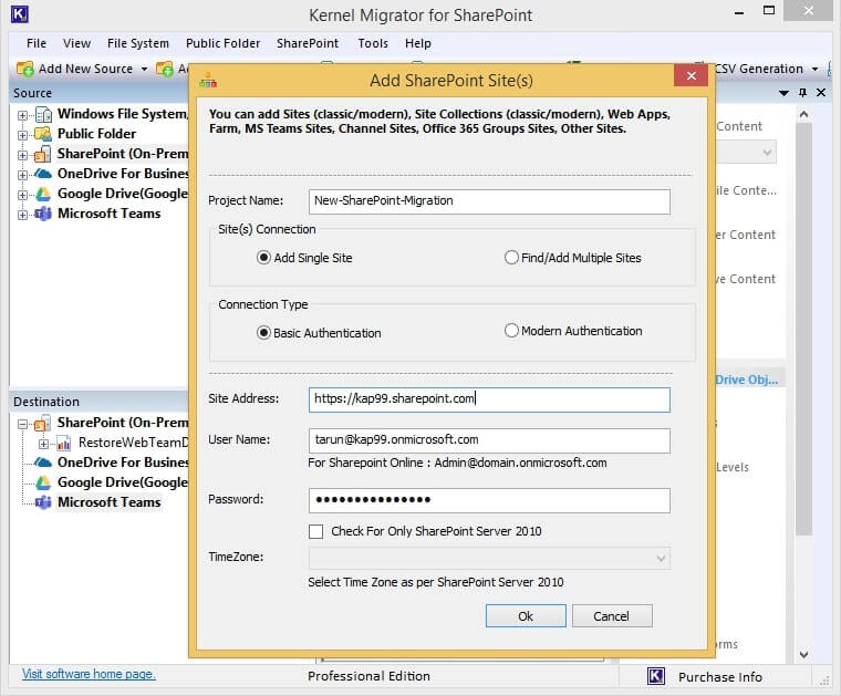 Input a project name, site connection, Connection Type, and other details