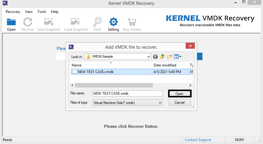 Selecting and adding a VMDK file for recovery