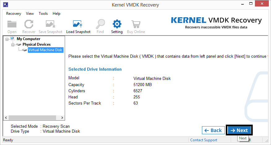 Selecting the VMDK virtual hard disk for scanning