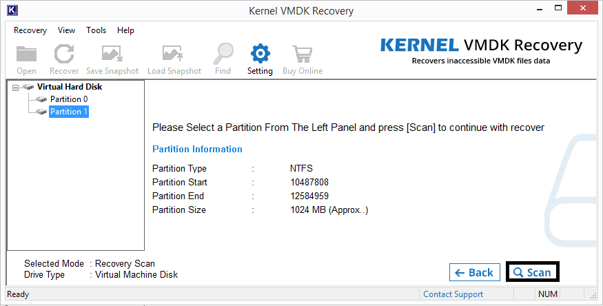 Selecting the partition and starting the scan