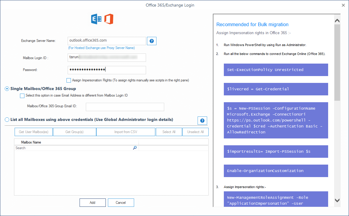 Provide the login credentials for the destination Office 365 mailbox