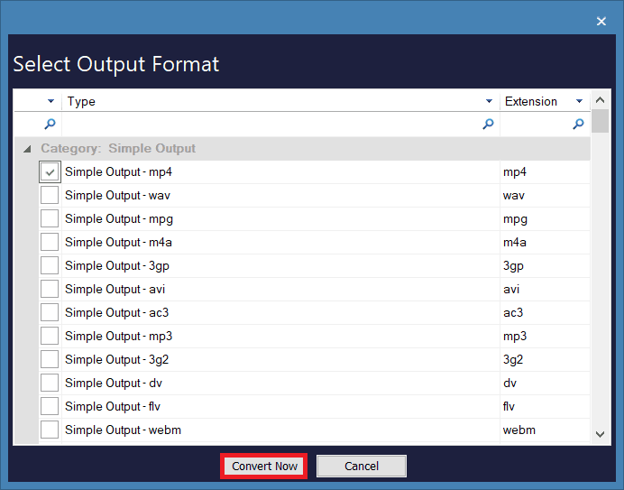 Selecting the output format for video files